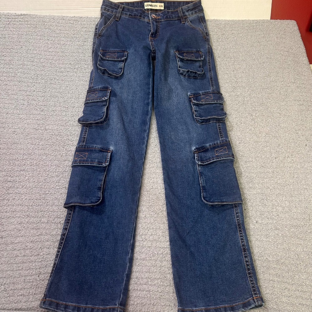 Lovegen Cargo Jeans Y2K Straight Leg 0/25 Blue Streetwear Utilitarian Gorpcore